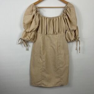 PrettyLittleThing Peach Linen Ruched‎ Sleeve Tie Detail Shift Dress